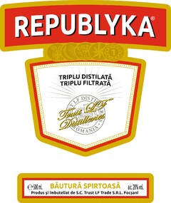 REPUBLYKA triplu distilata triplu filtrata Trust LF Distilleries ROMANIA