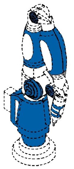 Position mark: The mark consists of blue joint caps, blue adjusting caps, a blue arm base, a blue cap above the pointer end and blue arm casings.