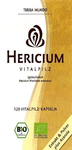 Hericium Vitalpilz Terra Mundo Igelstachelbart Hericium (Hericium erinaceus) 120 Vitalpilz-Kapseln Extrakt & Pulver plus Acerola