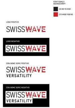 LOGO POSITIVO SWISSWAVE LOGO NEGATIVO SWISSWAVE CON NOME SERIE POSITIVO SWISSWAVE VERSATILITY CON NOME SERIE NEGATIVO SWISSWAVE VERSATILITY FONT FAMILY : BAHNSCHRIFT CO MO YO K100 C15 M100 Y100 KO