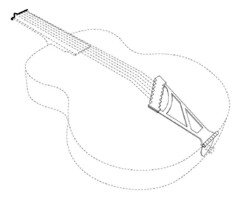 The mark consists of the 3-dimensional shape of the tailpiece of a guitar or other string instrument.The portions indicated in broken lines form no part of the mark.