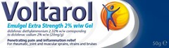 Voltarol Emulgel Extra Strength 2% w/w Gel diclofenac diethylammonium 2.32% w/w corresponding to diclofenac sodium 2% w/w (20mg/g) Penetrating pain and inflammation relief For rheumatic, joint and muscular sprains, strains and bruises 50g e