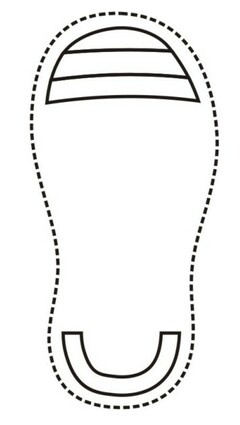 The mark consists of three slightly curved bars, with a small separation gap between them, placed near the toe area and one curved bar placed around the area of the heel, all applied to the outer sole of footwear.