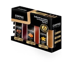 COFFEE SYRUP Sekret baristów na wyjątkową kawę POLECANE PRZEZ BARISTÓW CHOCOLATE PRALIN FLAVOUR CARAMEL FLAVOUR VANILLA FLAVOUR
