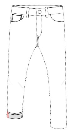 Die Marke ist eine Positionsmarke und besteht aus einem roten Streifen an dem Saum der Jeans-Hose, der auf der Innenseite des Bekleidungsstückes zu sehen ist. Die Positionsmarke wird durch das Umschlagen des unteren Teils des Beins der Jeans-Hose – der sogenannte Hosenaufschlag – auf der Außenseite des Bekleidungsstückes sichtbar. Der Streifen verläuft senkrecht am äußeren unteren Rand des umgeschlagenen Beins des Bekleidungsstückes. Die gepunkteten Linien dienen lediglich zur Darstellung der Position der Marke und sind nicht Bestandteil der Marke.
