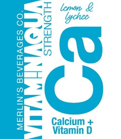 MERLIN'S BEVERAGES CO. VITAM!NAQUA STRENGTH lemon & lychee Ca Calcium + Vitamin D