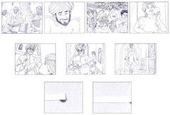 The trademark consists of a sequence of animated images representing: images from 1 to 2: in a fakir academy the students are training hard to become fakirs; image 3: a man comes to deliver mail to the students from their families and gives a large parcel to a student; image 4: the boy opens his parcel and he is happy to find rolls of toilet paper in it; image 5: the teacher catches the boy with toilet paper rolls; he is angry because the fakir academy forbids such pleasures as toilet paper; image from 6 to 7: the teacher confiscates the parcel with toilet paper rolls from the student; he secretly uses the toilet paper for himself and walks away with a tail of toilet paper stuck in the back of his trousers; images from 8 to 9: a paper roll is unrolling in a straight line from the left to the right on a paper pattern background.