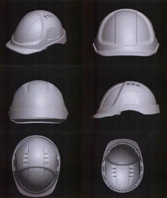 A three dimensional shape, being a helmet, characterised by a configuration of features as illustrated in the accompanying pictures which show the helmet from 6 different views; pictures A to F show front (perspective), front, rear, side, top and underside views of the trademark respectively.