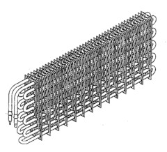 The mark consist of the three dimensional shape of a heat exchanger, particularly an evaporator for air conditioning and refrigerator systems and consisting of serpentine pipes and rectangular fins mounted perpendicularly on the pipes i a uniform spaced relation.