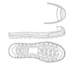 The representation consists of a sole of a shoe showing the bottom view, top view and side view.