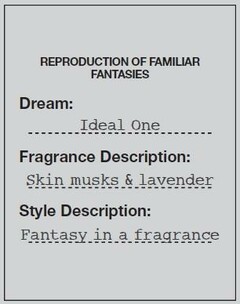 REPRODUCTION OF FAMILIAR FANTASIES Dream : Ideal One Fragrance Description : Skin musks & lavender Style Description : Fantasy in a fragrance