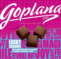 GOPLANA 1912 NICE SIDE OF LIFE LUCKY SQUARES MILK CHOCOLATES WITH RASPBERRY & COCONUT FLAVOURED FILLING & CHILL FUN SMILE HAPPY MY STAR JOY CHILL OUT MAGIC