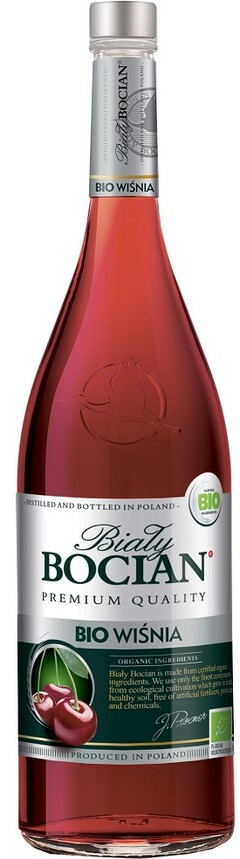 DESTILLED AND BOTTLED IN POLAND BIO Biały Bocian PREMIUM QUALITY BIO WIŚNIA ORGANIC INGREDIENTS PRODUCED IN POLAND