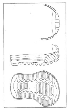 The representation consists of a sole of a shoe showing the bottom, top and side views.