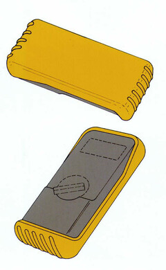 The mark consists of the shape of an instrument in a two-color combination whereby the body is dark-gray and the holster surrounding it is yellow.