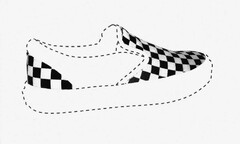 Position mark; the mark consists of a checkerboard pattern, which is located in the front and the rear portion of a shoe; the pattern in the rear portion of the shoe extends over the heel in a semicircle that opens downward and ends in the sideways shoe and downward on the underside of the shoe; the pattern in the front portion of the shoe extends over the instep, sidewise carves out a sharp bow to the front side and continues in the side portion of the shoe to the sole and finishes downward at the bottom side of the shoe.