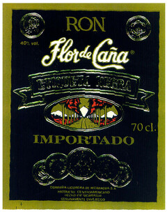 Flor de Caña ETIQUETA NEGRA RON IMPORTADO 40% vol. 70 cl. COMPAÑIA LICORERA DE NICARAGUA. S.A. PRODUCTO CENTROAMERICANO PRODUCT OF NICARAGUA GENUINAMENTE ENVEJECIDO.