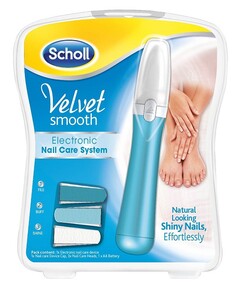 Scholl Velvet Smooth Electronic Nail Care System Natural Looking Shiny Nails Effortlessly Pack Content: 1x Electronic Nail Care device 1x Nail Care Device Cap, 3x Nail Care Heads, 1 x AA Battery