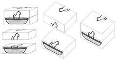 The mark consists of the depiction of a cat design, applied to the side and the top panels of a box. The box is not part of the trade mark but is intended to show the position of the cat design.The drawings show different perspectives of the same mark. The upper left and the right side drawings show two boxes stacked one on top of another, where one box is rotated 180 degrees and are included to provide a better understanding of the mark and the position of the cat design.