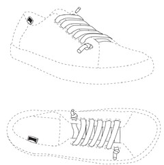 Marca de posición que representa un cordón que cierra el zapato, dispuesto en zigzag y anudándose únicamente en uno de los dos agujeros tanto en la parte superior como en la parte inferior del empeine del zapato y etiqueta con logotipo ubicada en la parte exterior lateral del zapato, próxima al talón.