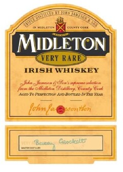 Triple distilled by John Jameson & Son, In Midleton County Cork, Midleton Very Rare, Irish Whiskey, John Jameson & Son's supreme selection from the Midleton Distillery, County Cork, Aged to perfection and bottled in the year, John Jameson & Son, JJ&S