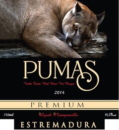 PUMAS VINHO TINTO RED WINE VIN ROUGE 2014 PREMIUM 750 ML SYRAH TEMPRANILLO 14, 5% VOL ESTREMADURA