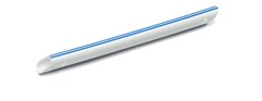 Märket avser utstyrsel/3D-varumärke. Märket är utfört i vitt med två parallella blåa linjer löpande i rörets längdriktning.