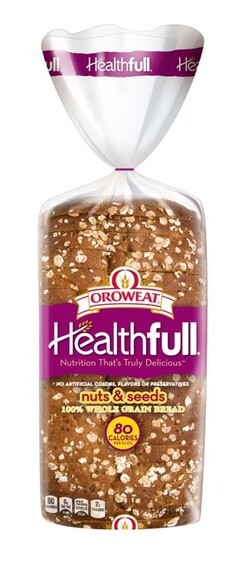 OROWEAT HEALTHFULL NUTRITION THAT'S TRULY DELICIOUS NO ARTIFICIAL COLORS, FLAVORS OR PRESERVATIVES NUTS & SEEDS 100% WHOLE GRAIN BREAD 80 CALORIES PER SLICE