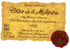 Côtes de la Malepère Appellation d'Origine Vin Délimité de Qualité Supérieure 1995 Mis en bouteille par Baron d'Arignac Négociant à 33720 Landiras e75cl 12,5 % vol. Produit de France