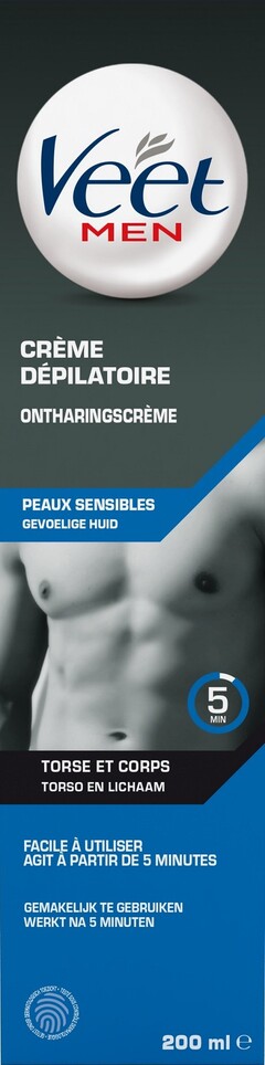 Veet MEN  CRÈME DÈPILATOIRE  ONTHARINGSCRÈME PEAUX SENSIBLES GEVOELIGE HUID  5 MIN  TORSE ET CORPS  TORSO EN LICHAAM FACILE À UTILISER AGIT À PARTIR DE 5 MINUTES  GEMAKELIJK TE GEBRUIKEN WERKT NA 5 MINUTEN