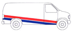 The mark consists of two parallel stripes in red (Pantone No. 199) and blue (Pantone No. 293) which begin from the back proceeding diagonally downwards towards the front of the van.