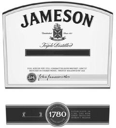 Jameson. Established since 1780. Sine Metu. Full bodied pot still character Irish whiskey. Gently matured in sherry wood. Sweetly mellowed by age.