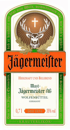 Jägermeister HERZHAFT UND BELEBEND Mast-Jägermeister AG WOLFENBÜTTEL GERMANY Seit 1878