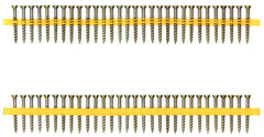 The mark consists of the colour yellow, which is designated in the Pantone International colour coding system as "Pantone yellow", applied to a plastic holding strip for holding metal screws; the graphic representation indicates how the mark, namely the colour "Pantone Yellow", appears on the goods in question. The shape and configuration of the plastic holding strip itself do not constitute a part of the mark forming the subject of the application.