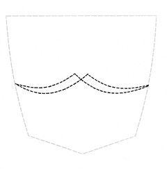 Die Marke besteht aus einer an der Tasche eines Bekleidungsstücks, insbesondere einer Hose oder eines Rocks, angebrachten Kennzeichnung in Form des dargestellten Linienverlaufs. Die Tasche ist schematisch dargestellt, so dass der Verlauf der Kennzeichnung bezüglich der Tasche ersichtlich ist. Der dargestellte Linienverlauf kann beispielsweise aufgestickt oder aufgenäht sein.