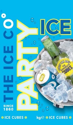 PARTY ICE, THE ICE CO, SINCE 1860, ICE CUBES, DROP THE BAG TO SEPARATE CUBES, kge