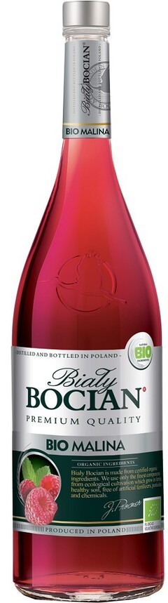 Biały BOCIAN BIO MALINA – DISTILLED AND BOTTLED IN POLAND – PREMIUM QUALITY – ORGANIC INGREDIENTS Biały Bocian is made from certified organic ingredients. We use only the finest components from ecological cultivation which grow in healthy soil, free of artificial fertilisers, pesticides and chemicals. PRODUCED IN POLAND