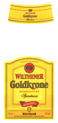 WILTHENER Goldkrone Spirituose FEINSTE QUALITÄT WILTHENER Goldkrone SPEZIALITÄT Spirituose MIT DEM GENUSSVOLL HARMONISCHEN BOUQUET SEIT 1842 WW 28% vol WILTHENER 0,7l e WILTHENER WEINBRENNEREI . D-02681 WILTHEN