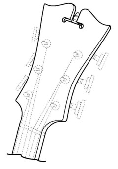 The mark consists of the 3-dimensional shape of the headstock or headpiece of a guitar or other string instrument. The portions indicated in broken lines form no part of the mark.