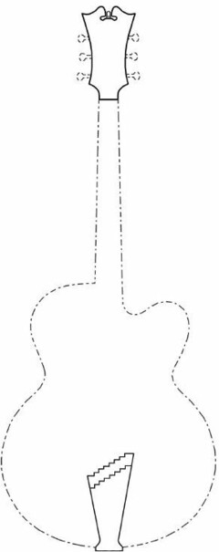 The trademark consists of a peculiar device positioned on the head piece/tail piece of a guitar. The dot lines are not part of the trademark but serve to show the position of said device on such goods.