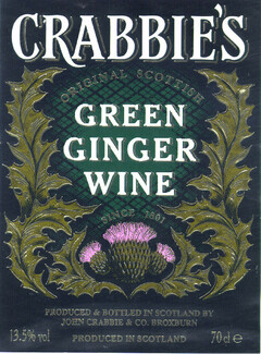 CRABBIE'S ORIGINAL SCOTTISH GREEN GINGER WINE SINCE 1801 PRODUCED & BOTTLED IN SCOTLAND BY JOHN CRABBIE & CO. BOXBURN 13.5% vol PRODUCED IN SCOTLAND 70 cl e