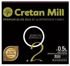 Cretan Mill PREMIUM OLIVE OILS BY ALMPANTAKIS FAMILY ZEROTWO ZERODEUX O.2 GREEK PRODUCT HERGESTELLT IN GRIECHENLAND