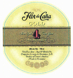 RON Flor de Caña GOLD Slow Aged 4 Four Years IMPORTED RUM 40% AK./VOL-750ml Distilled.Slow.Aged & Bottled by Compañia Licorera de Nicaragua. S.A. Product of Central America Made in Nicaragua