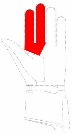 La marque consiste en l’apposition de la couleur rouge sur la face intérieure d’un gant main gauche, sur l’index et le majeur, tel que représenté (les lignes pointillées ne font donc pas partie de la marque mais indiquent son emplacement).

Couleur revendiquée : rouge - Pantone 485C
