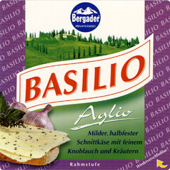 Bergader PRIVATKÄSEREI BASILIO Aglio Milder, halbfester Schnittkäse mit feinem Knoblauch und Kräutern Rahmstufe