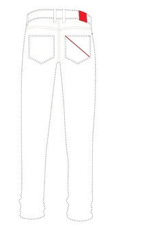 Le contour du pantalon ne fait pas partie de la marque mais sert uniquement à mettre en évidence l'emplacement de la diagonale rouge, pantone 485 C, visé par l'enregistrement