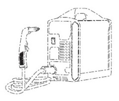 The trademark is a position mark. The mark consists of a truss pattern frame overlaying a hexagonal honeycomb mesh layer arranged alongside regions of a handle of a material processing tool of a metal cutting system, such as a plasma torch. The dotted lines mark the position of the trade mark and do not form part of the mark.