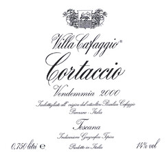 Villa Cafaggio® Cortaccio Vendemmia 2000 Imbottigliato all' origine dal viticoltore Basilica Cafaggio Panzano - Italia Toscana Indicazione Geografica Tipica 0,750 litri e Prodotto in Italia 14 % vol