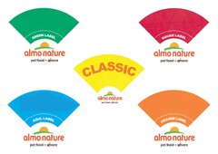 Green label, rouge label, azul label, orange label, classic, almo nature, pet food + almore.