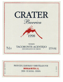 CRATER Barrica 1998 TENERIFE TACORONTE-ACENTEJO DENOMINACION DE ORIGEN PRODUCIDO, ELABORADO Y EMBOTELLADO POR BODEGAS BUTEN, S.L. 38360 - EL SAUZAL - ESPAÑA